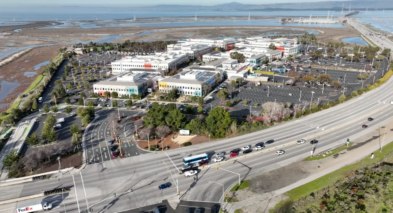 Meta (Facebook) headquarters at 1 Hacker Way, Menlo Park, from the air, 2023.
